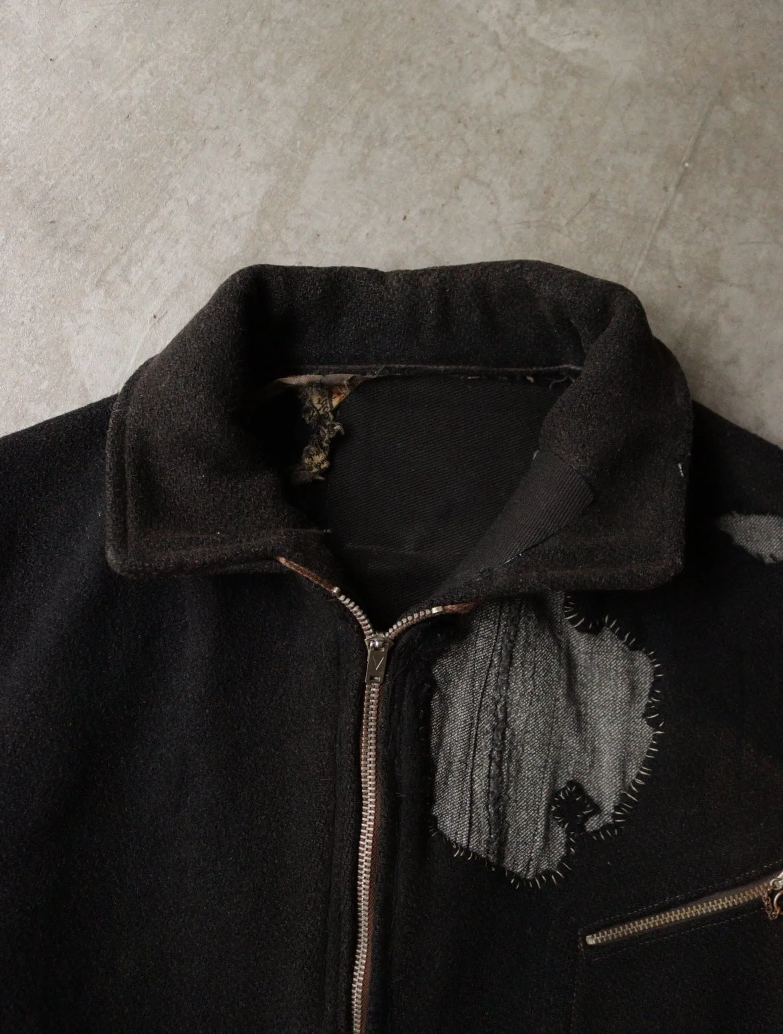 1930S SALT AND PEPPER REPAIRED DISTRESSED WOOL WORK JACKET