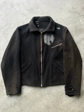 1930S SALT AND PEPPER REPAIRED DISTRESSED WOOL WORK JACKET