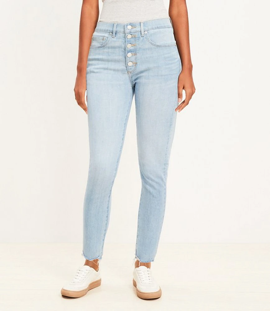 Curvy Destructed Button Front High Rise Skinny Jeans in Light Wash