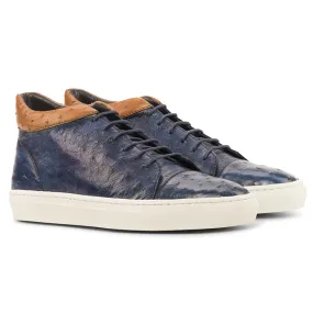 Emanuele Sempre High Top Ostrich Sneakers Navy/Cognac