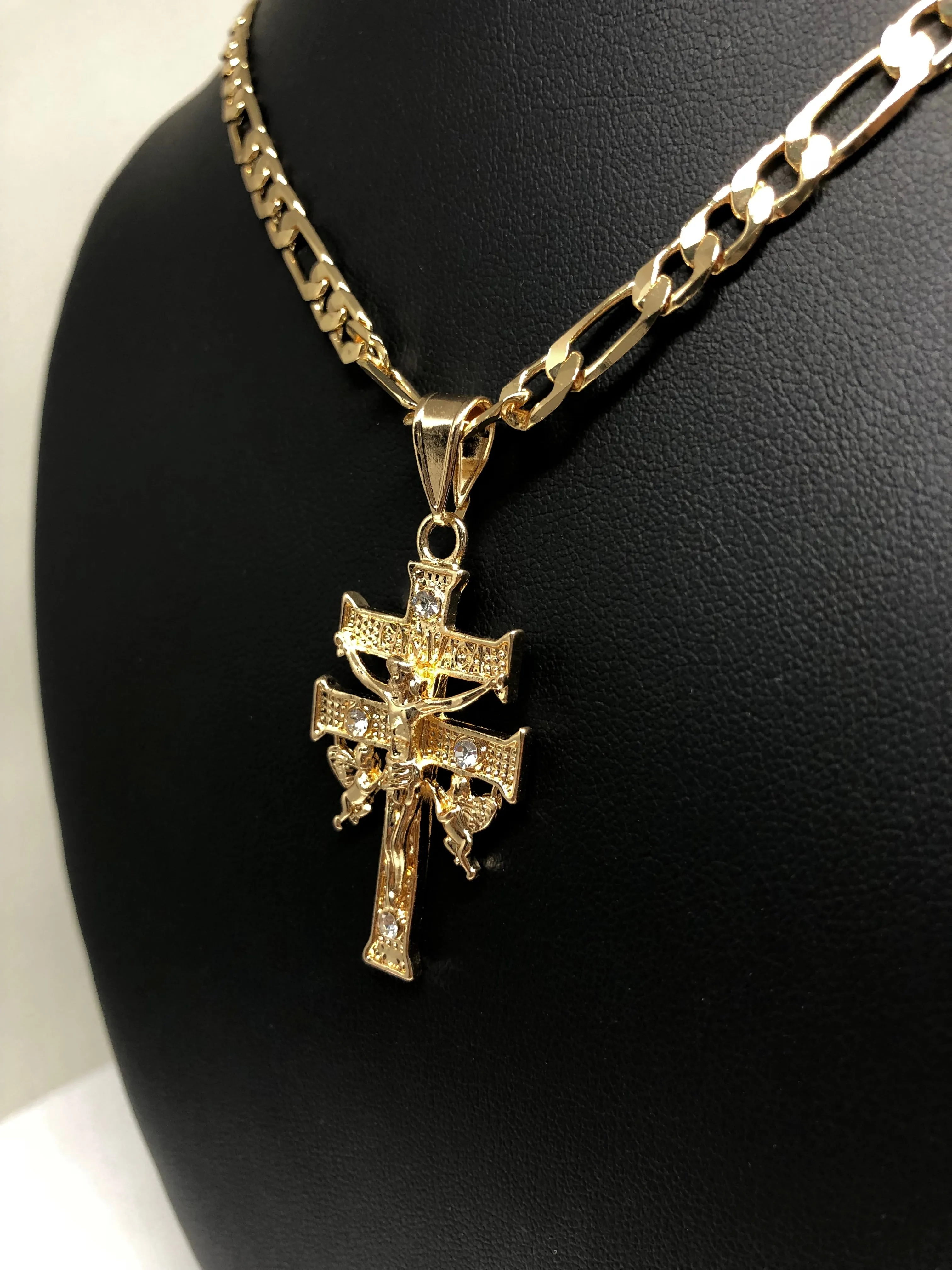 Gold Plate Caravaca Cross Jesus Crucifix 26 Chain / Caravaca Cruz Crucifijo Cadena Oro Lamindo 26