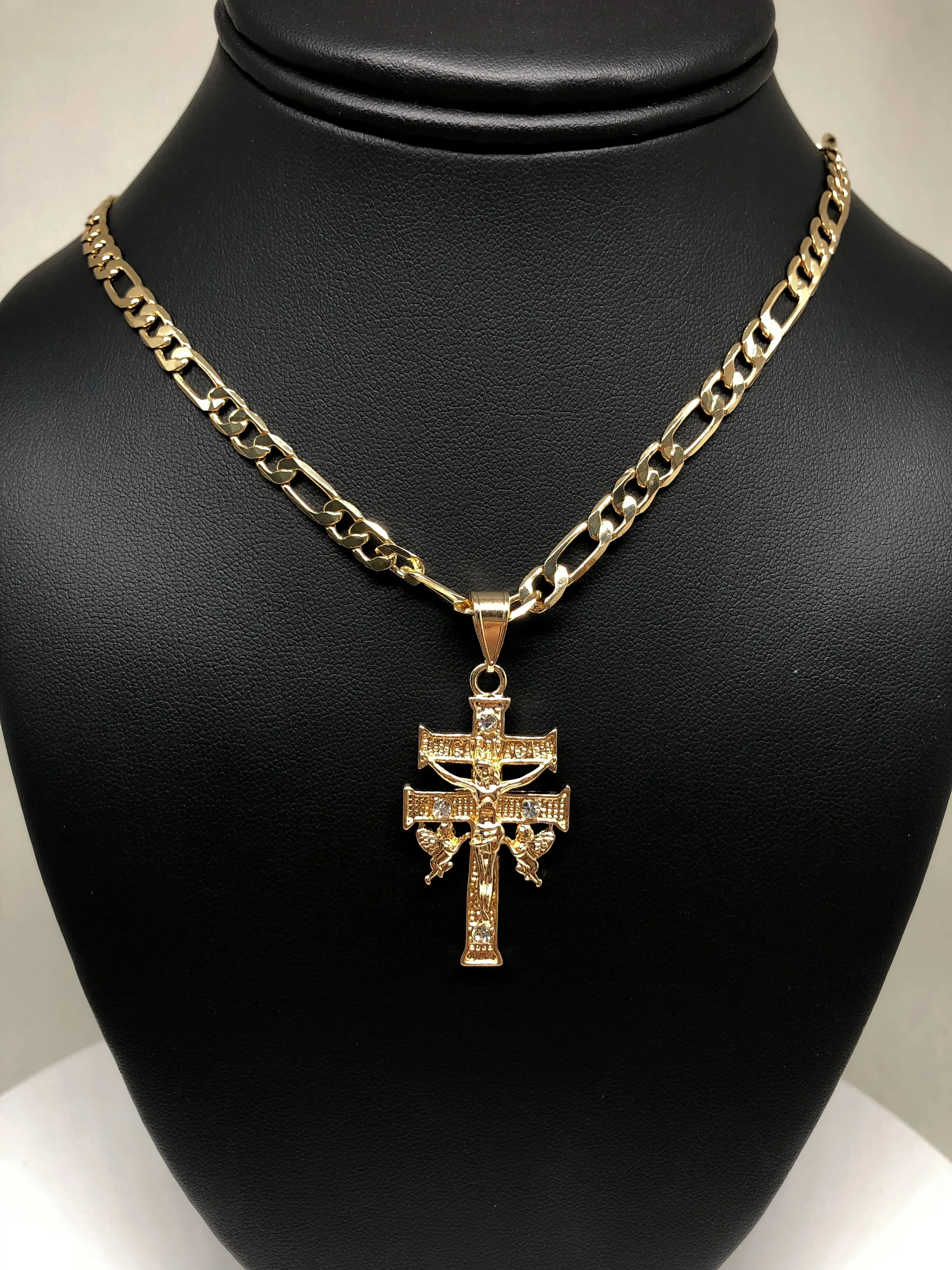 Gold Plate Caravaca Cross Jesus Crucifix 26 Chain / Caravaca Cruz Crucifijo Cadena Oro Lamindo 26