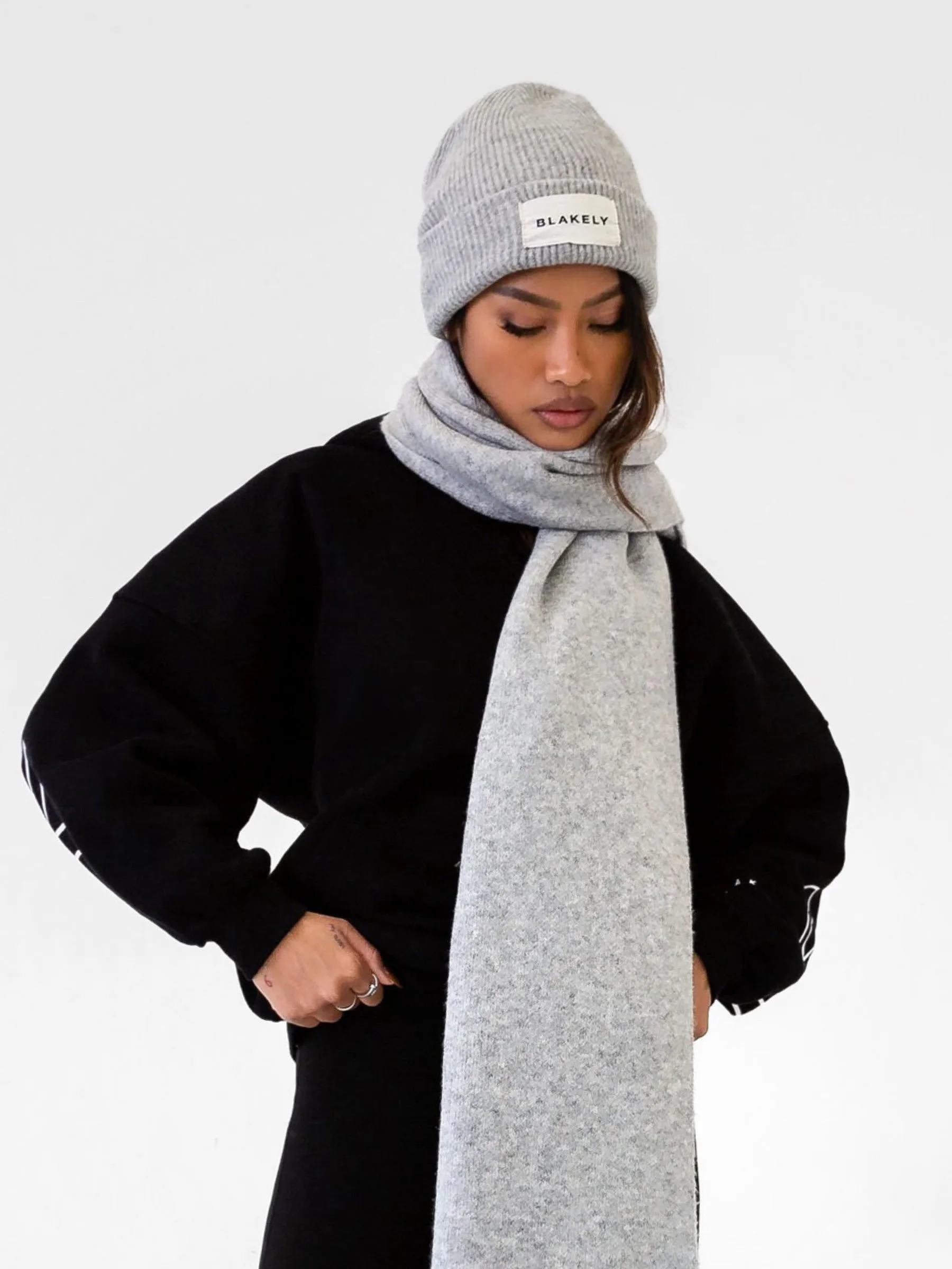 Label Knitted Scarf - Marl Grey