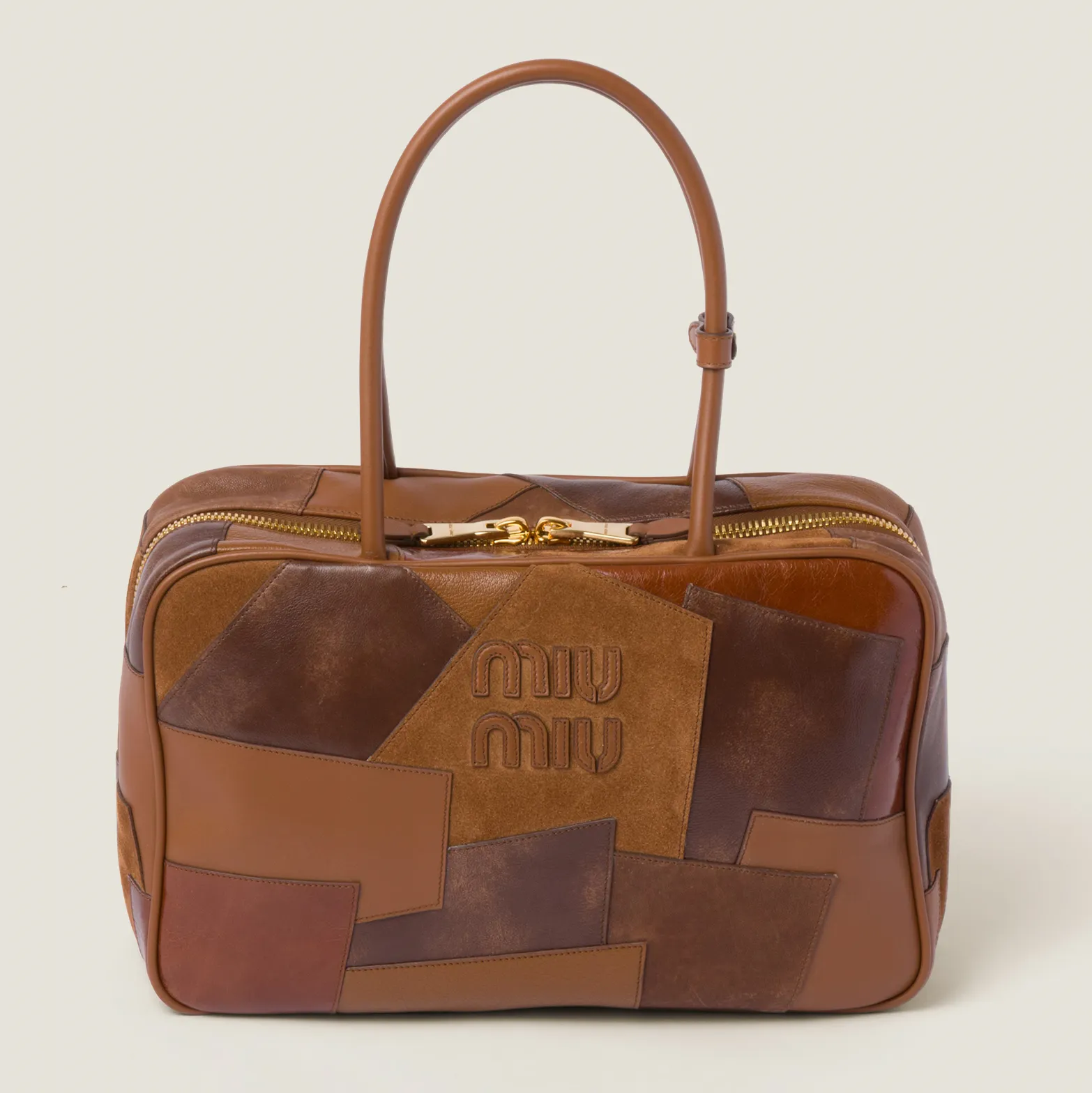 LEATHER PATCHWORK BAG - COGNAC