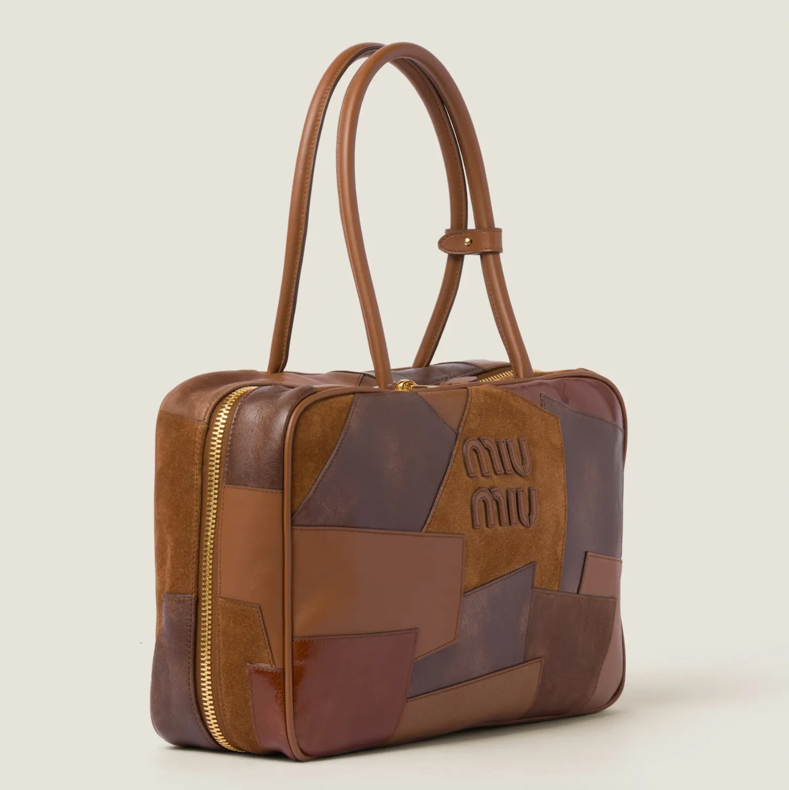 LEATHER PATCHWORK BAG - COGNAC