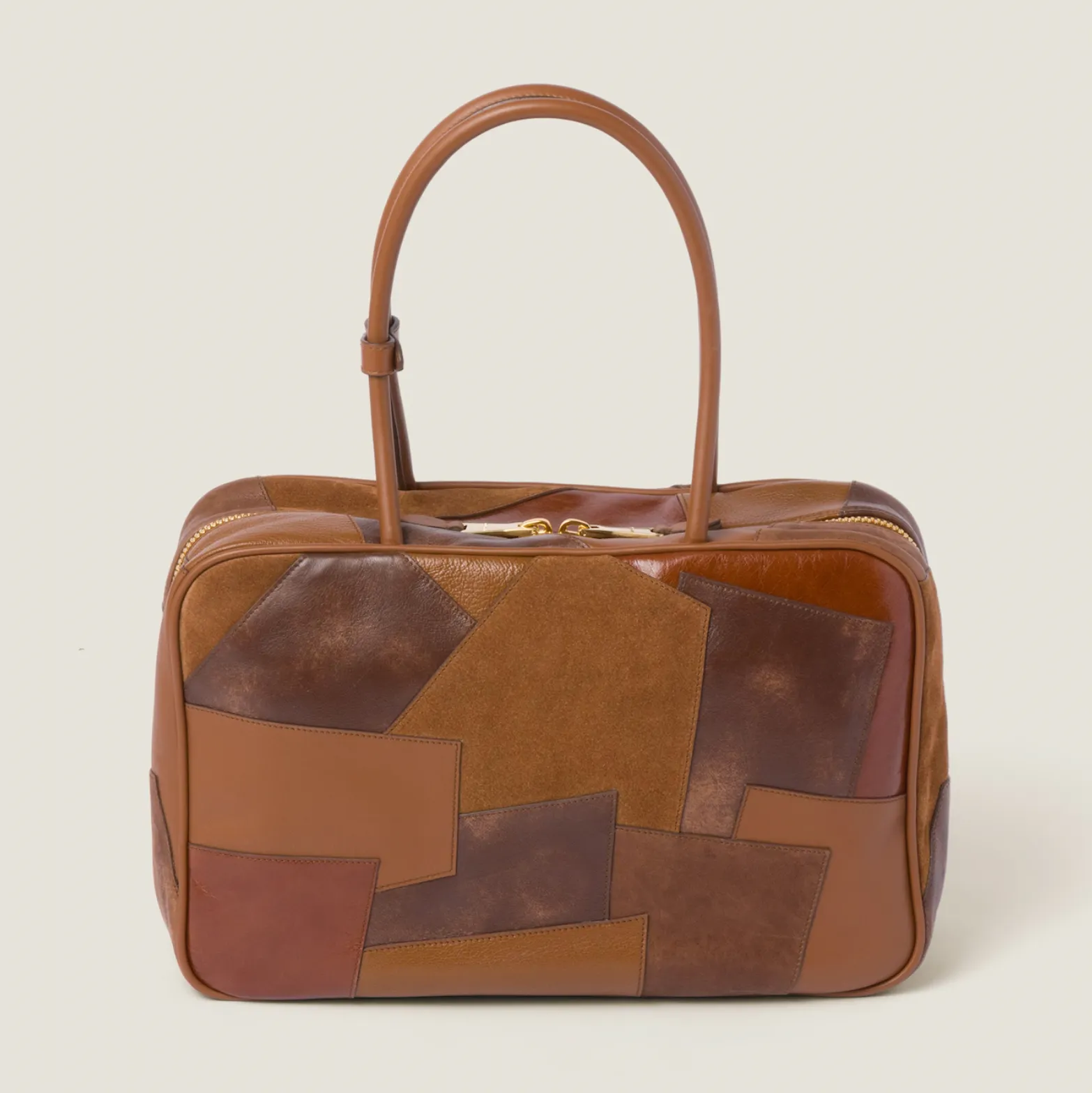 LEATHER PATCHWORK BAG - COGNAC