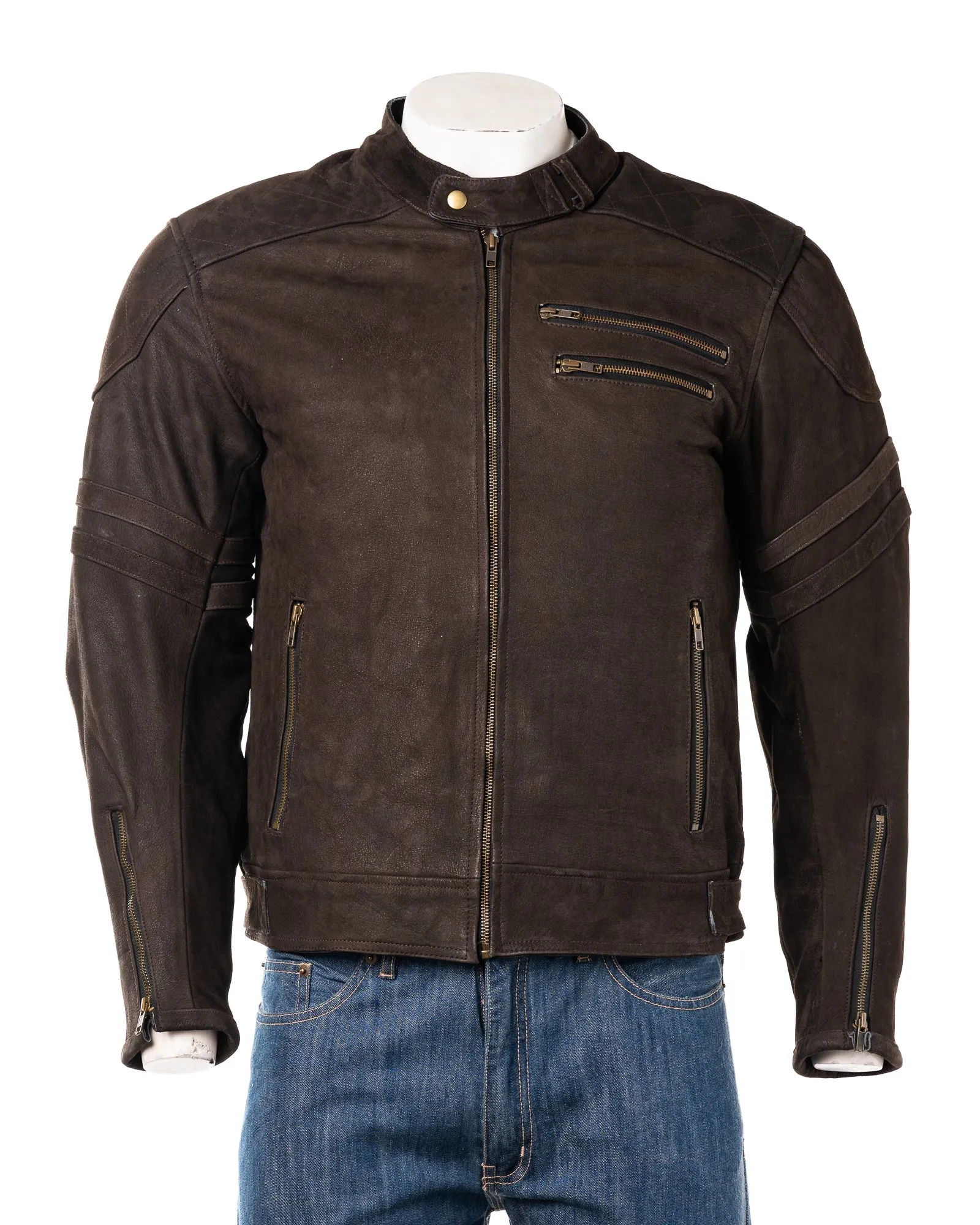 Men's Brown Nubuck Stripe Cow Hide Motorbike Jacket With Removable Armour: Carmine