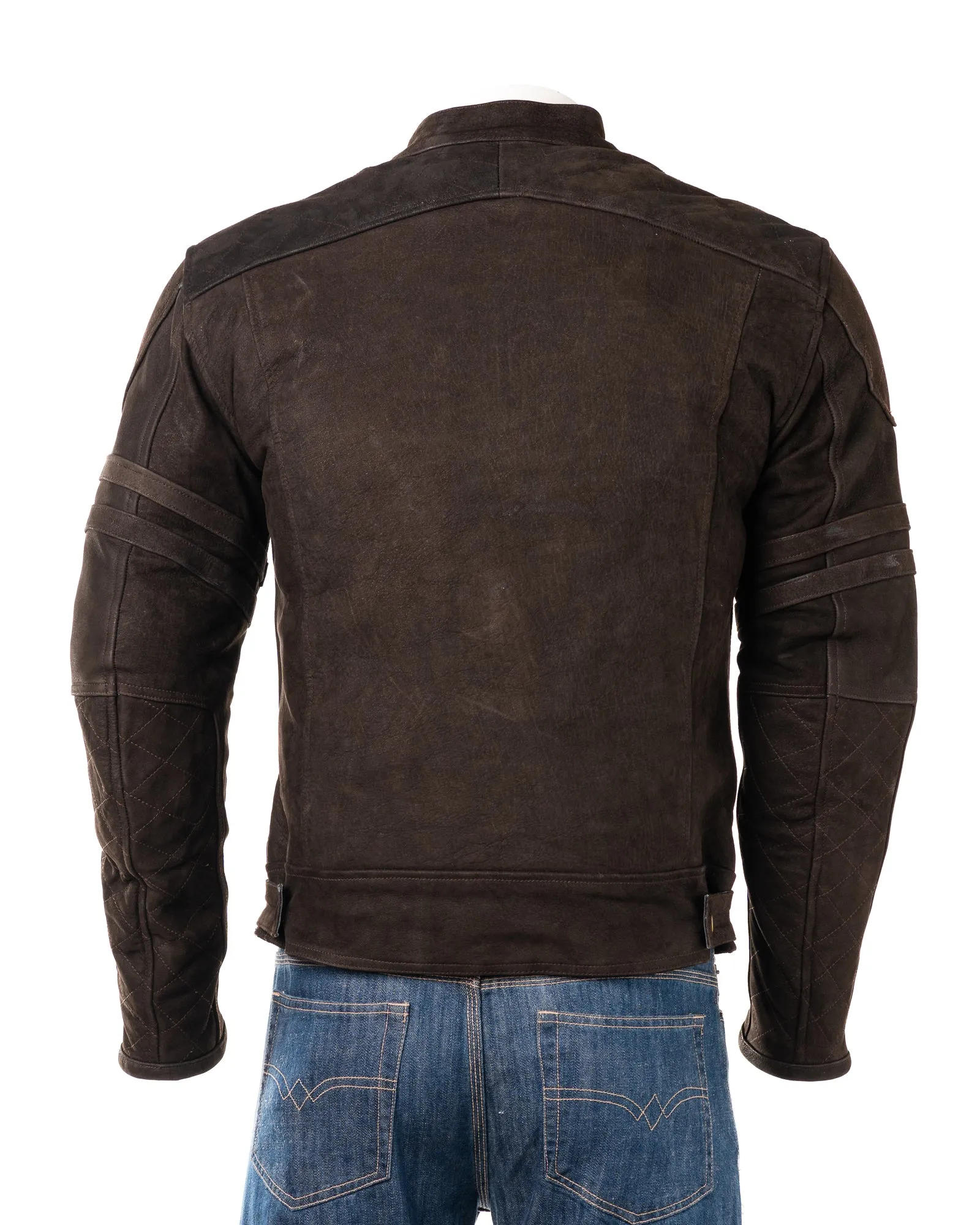 Men's Brown Nubuck Stripe Cow Hide Motorbike Jacket With Removable Armour: Carmine