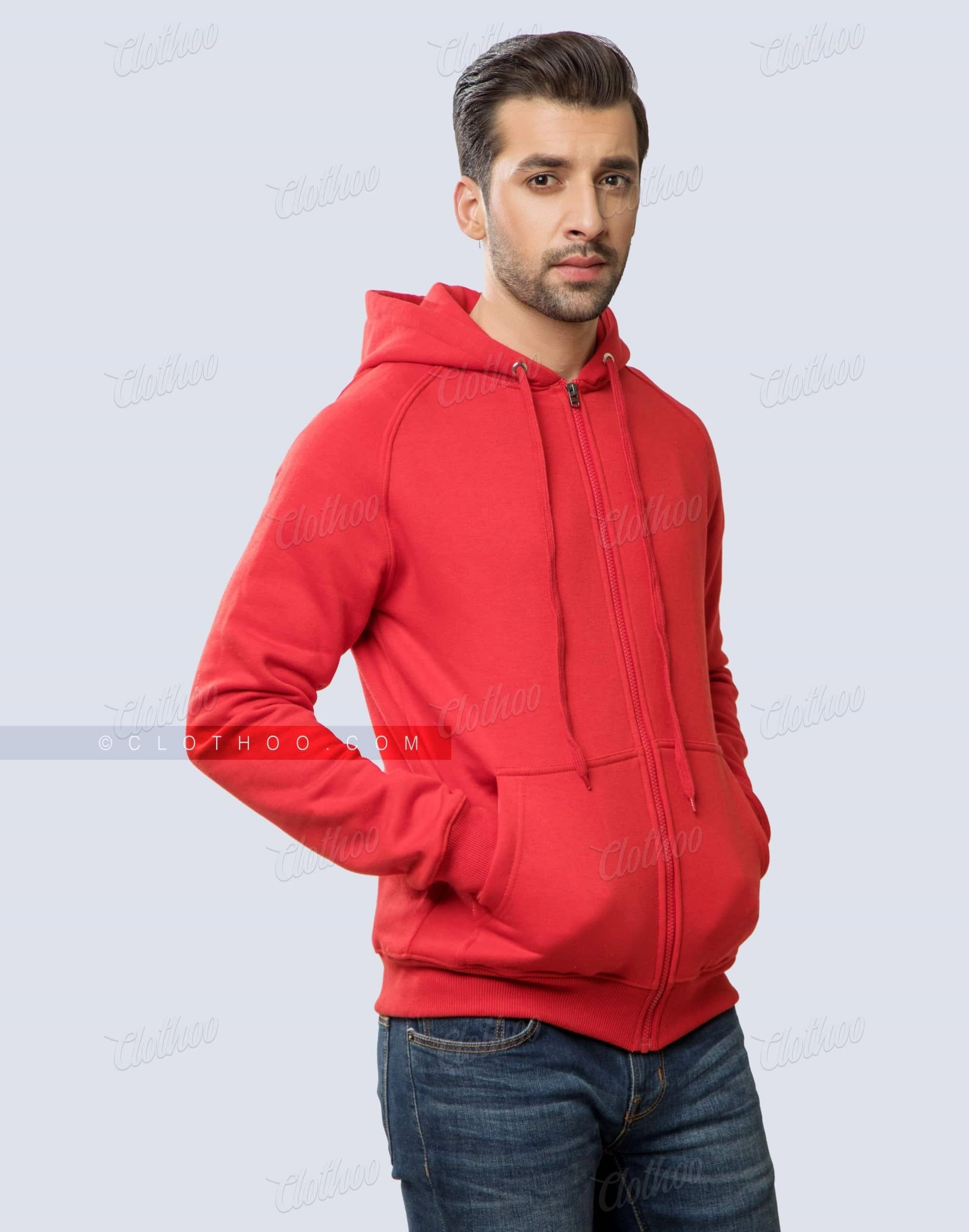 Red Fleece Hoodie with Zip Closure