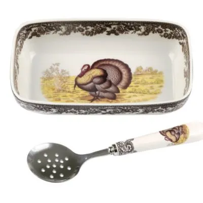 Spode Woodland Turkey Cranberry Dish & Slotted Spoon