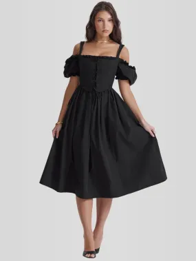 Summer Dress Midi Dress Black Bateau Neck Pleated Polyester Beach Dress