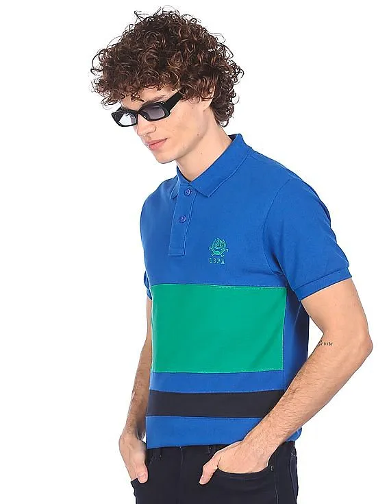 U.S. Polo Assn. Men Blue and Green Pique Striped Polo Shirt