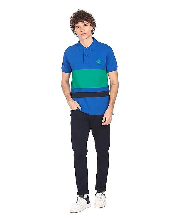 U.S. Polo Assn. Men Blue and Green Pique Striped Polo Shirt