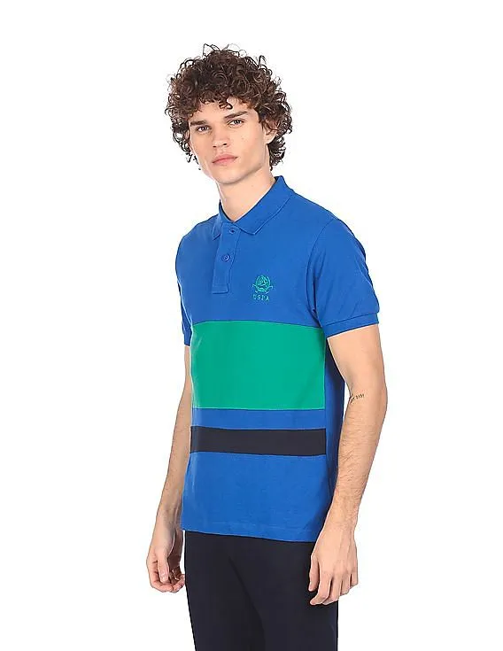 U.S. Polo Assn. Men Blue and Green Pique Striped Polo Shirt