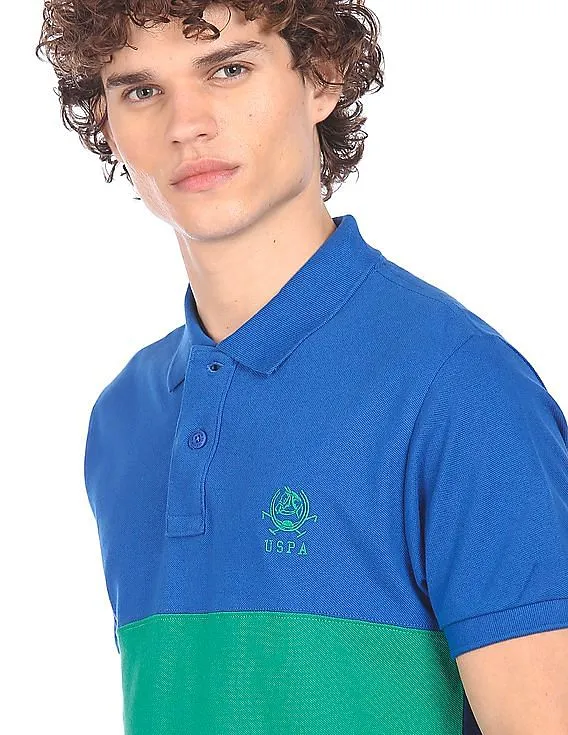 U.S. Polo Assn. Men Blue and Green Pique Striped Polo Shirt