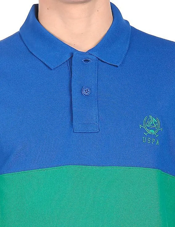 U.S. Polo Assn. Men Blue and Green Pique Striped Polo Shirt