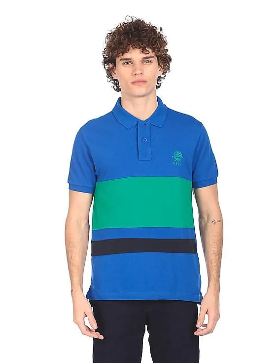 U.S. Polo Assn. Men Blue and Green Pique Striped Polo Shirt