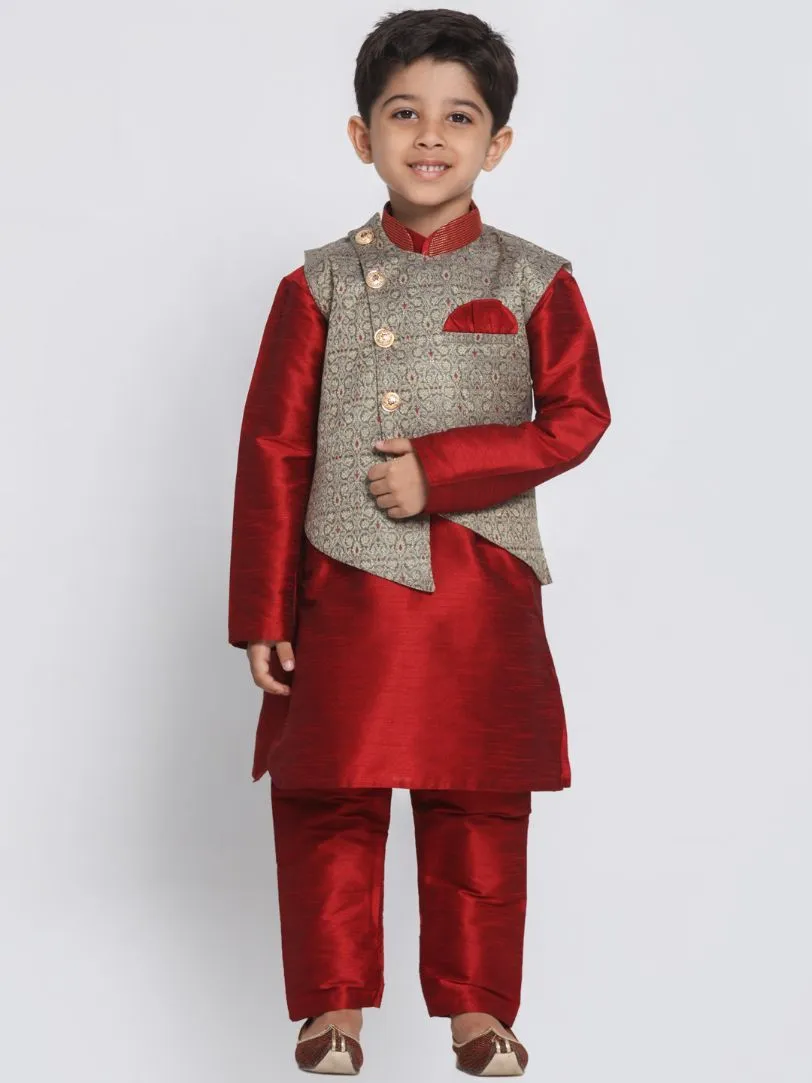 VASTRAMAY Boys' Maroon Silk Blend Kurta, Nehru Jacket and Pyjama Set