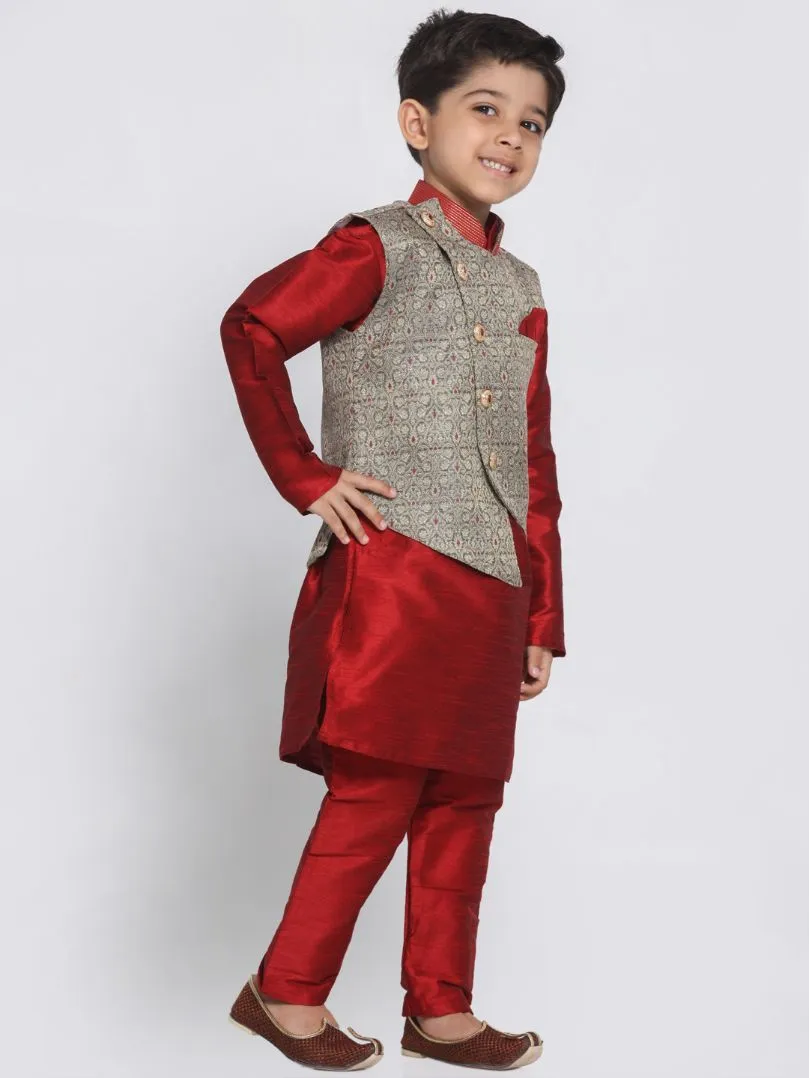 VASTRAMAY Boys' Maroon Silk Blend Kurta, Nehru Jacket and Pyjama Set