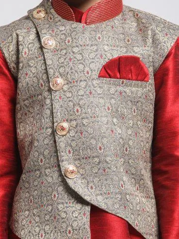 VASTRAMAY Boys' Maroon Silk Blend Kurta, Nehru Jacket and Pyjama Set