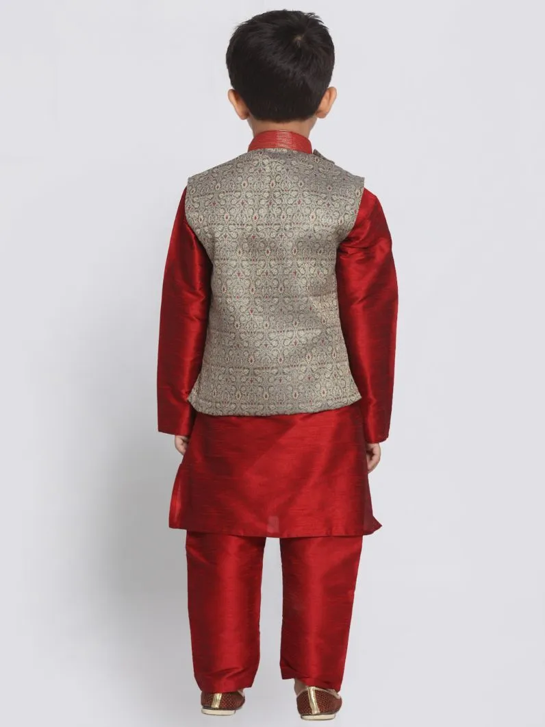 VASTRAMAY Boys' Maroon Silk Blend Kurta, Nehru Jacket and Pyjama Set