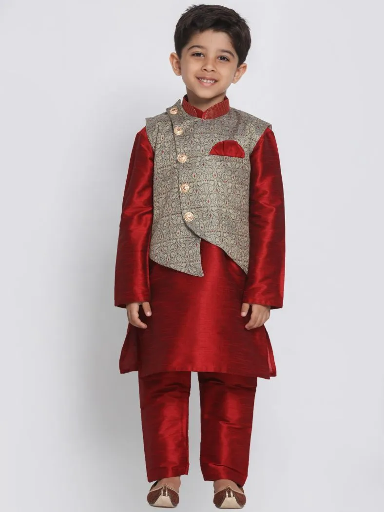 VASTRAMAY Boys' Maroon Silk Blend Kurta, Nehru Jacket and Pyjama Set