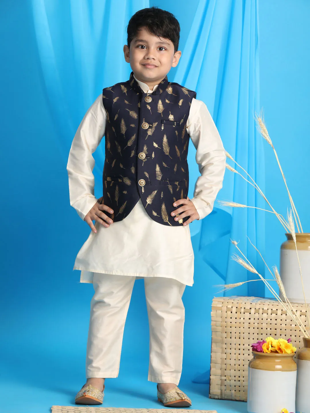 VASTRAMAY Boy's Navy Blue Golden Printed Jacket With Cream Kurta Pyjama set