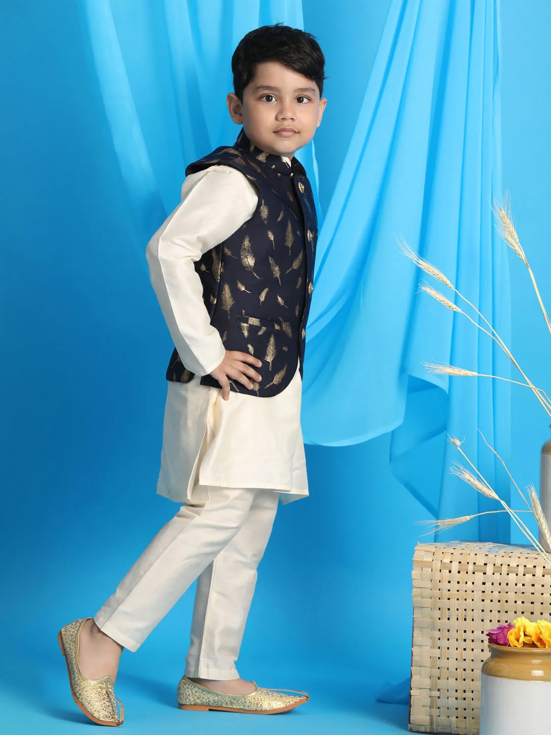 VASTRAMAY Boy's Navy Blue Golden Printed Jacket With Cream Kurta Pyjama set