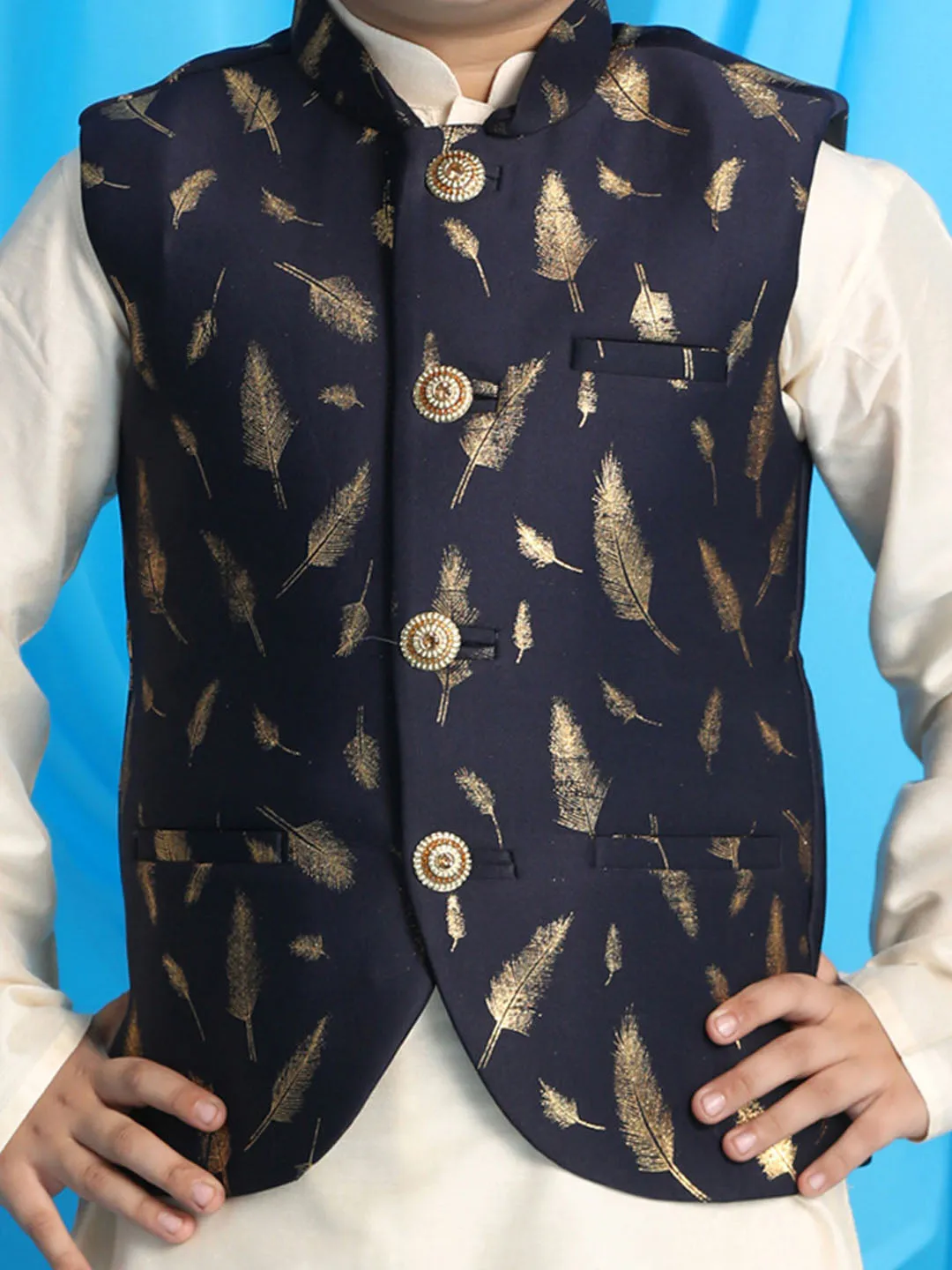 VASTRAMAY Boy's Navy Blue Golden Printed Jacket With Cream Kurta Pyjama set