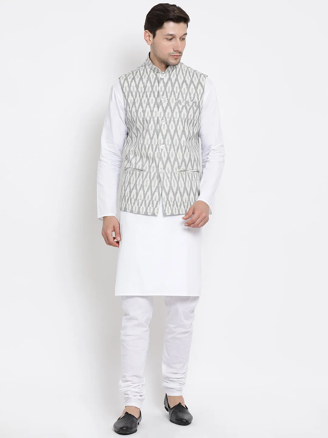 VASTRAMAY Men's White Cotton Kurta, Grey Ethnic Jacket and Pyjama Set