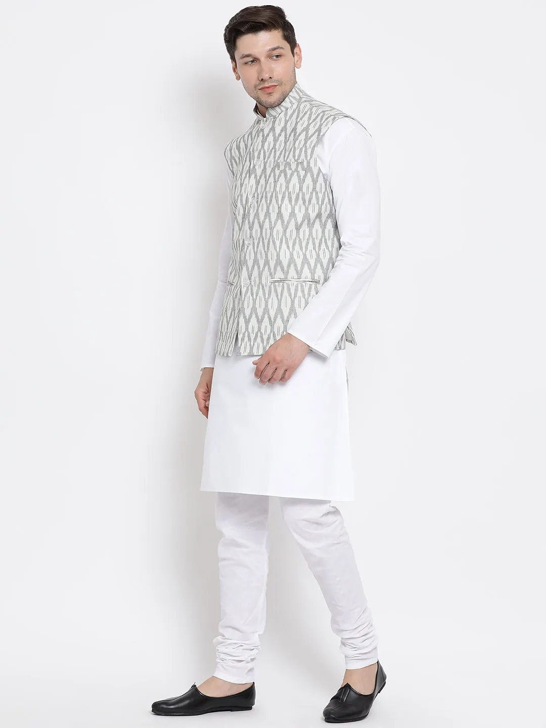 VASTRAMAY Men's White Cotton Kurta, Grey Ethnic Jacket and Pyjama Set