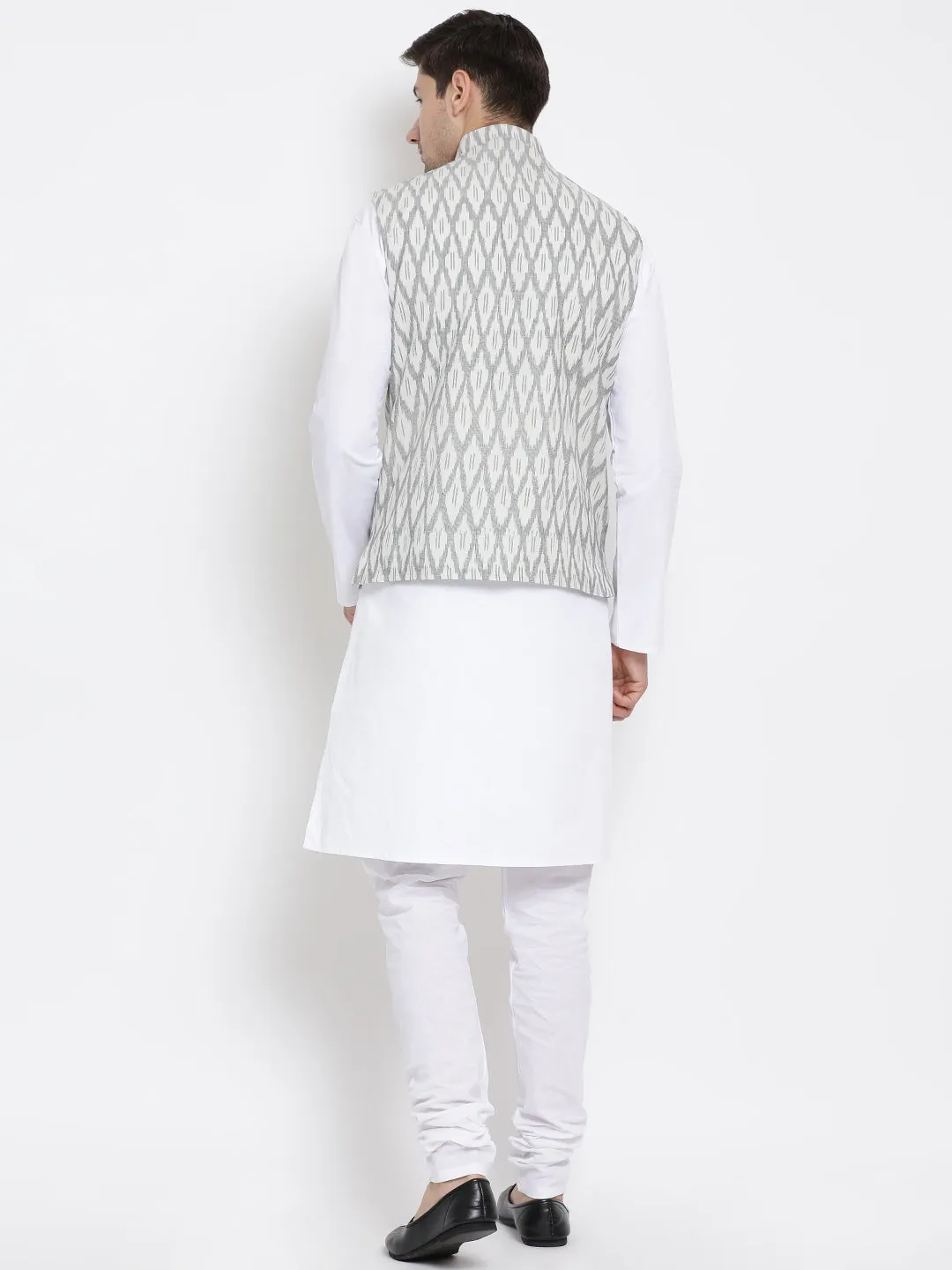 VASTRAMAY Men's White Cotton Kurta, Grey Ethnic Jacket and Pyjama Set